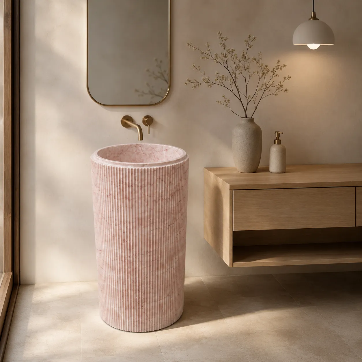 AI generated bathroom scene — warm minimalist vanity